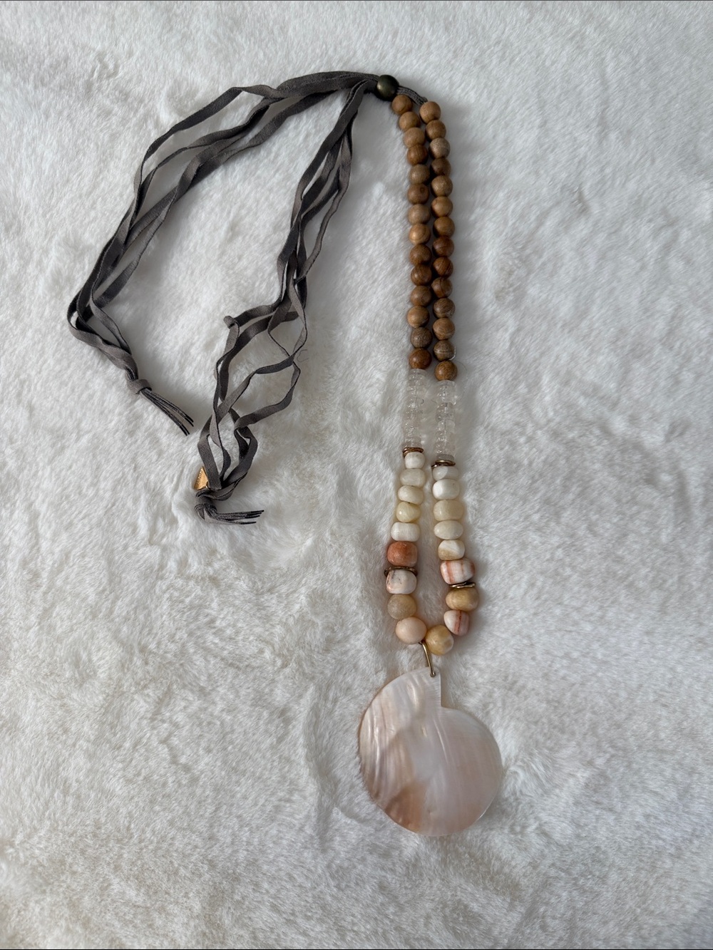 Anthropologie Handmade Shell Pendant Beaded Necklace in Neutral Tones